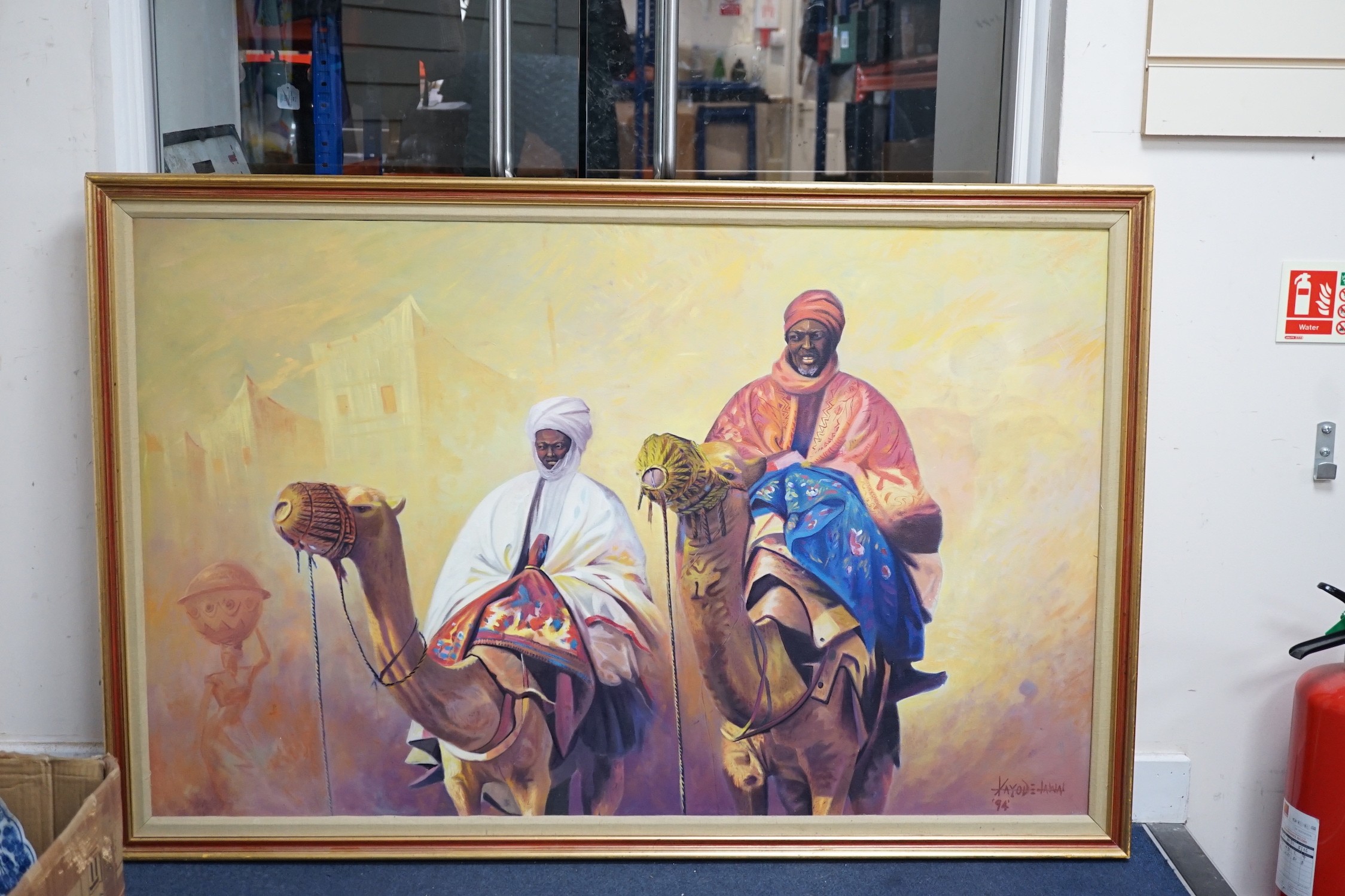 Xayod Jawal, oil on canvas, 'Camel riders', signed and dated '94, 74 x 118cm